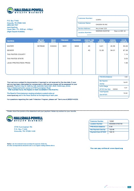 Download USA Hallsdale Powell business utility bill template in Word and PDF formats Photoshop template